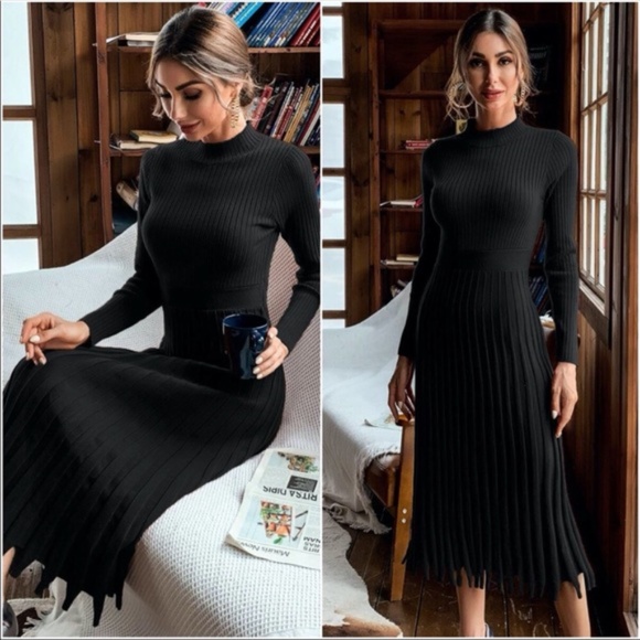 Black ribbed knit mock neck sweater dress Work - Picture 1 of 13